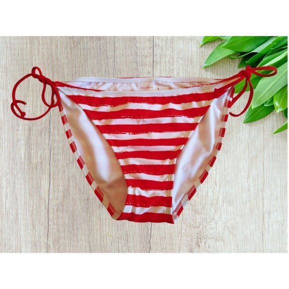 𝅺JUNIORS' Xhilaration Red/White Stripe Bikini Bottom - Picture 1 of 5